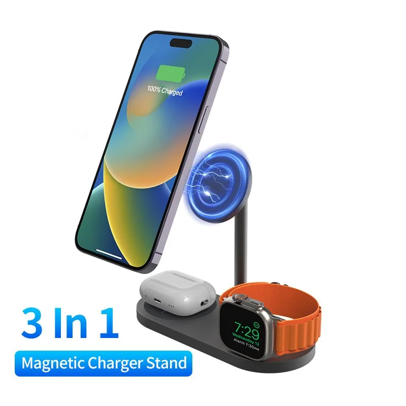 3 in 1 Magnetic Wireless Chargers Stand For iPhone 15 14 13 12 etc/Airpods Watch/iWatch Headset,Aluminum Alloy Fast Charging