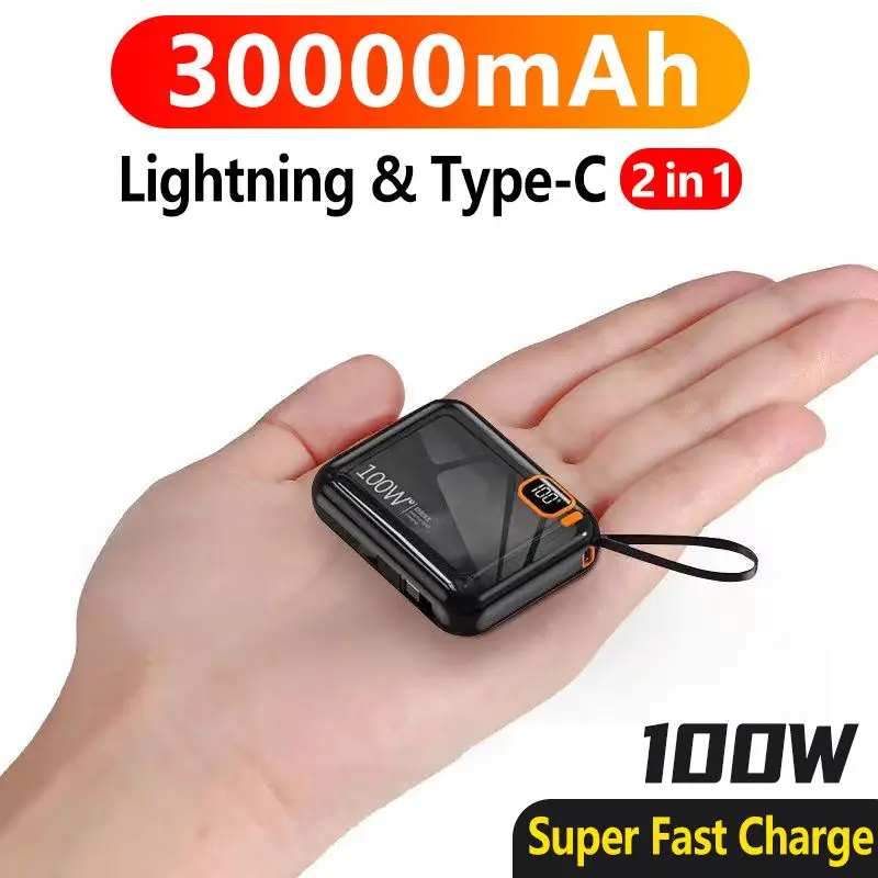 30000mah Portable Power Bank PD100W Detachable USB to TYPE C Cable Two-way Fast Charger Mini Powerbank for iPhone Xiaomi Samsung