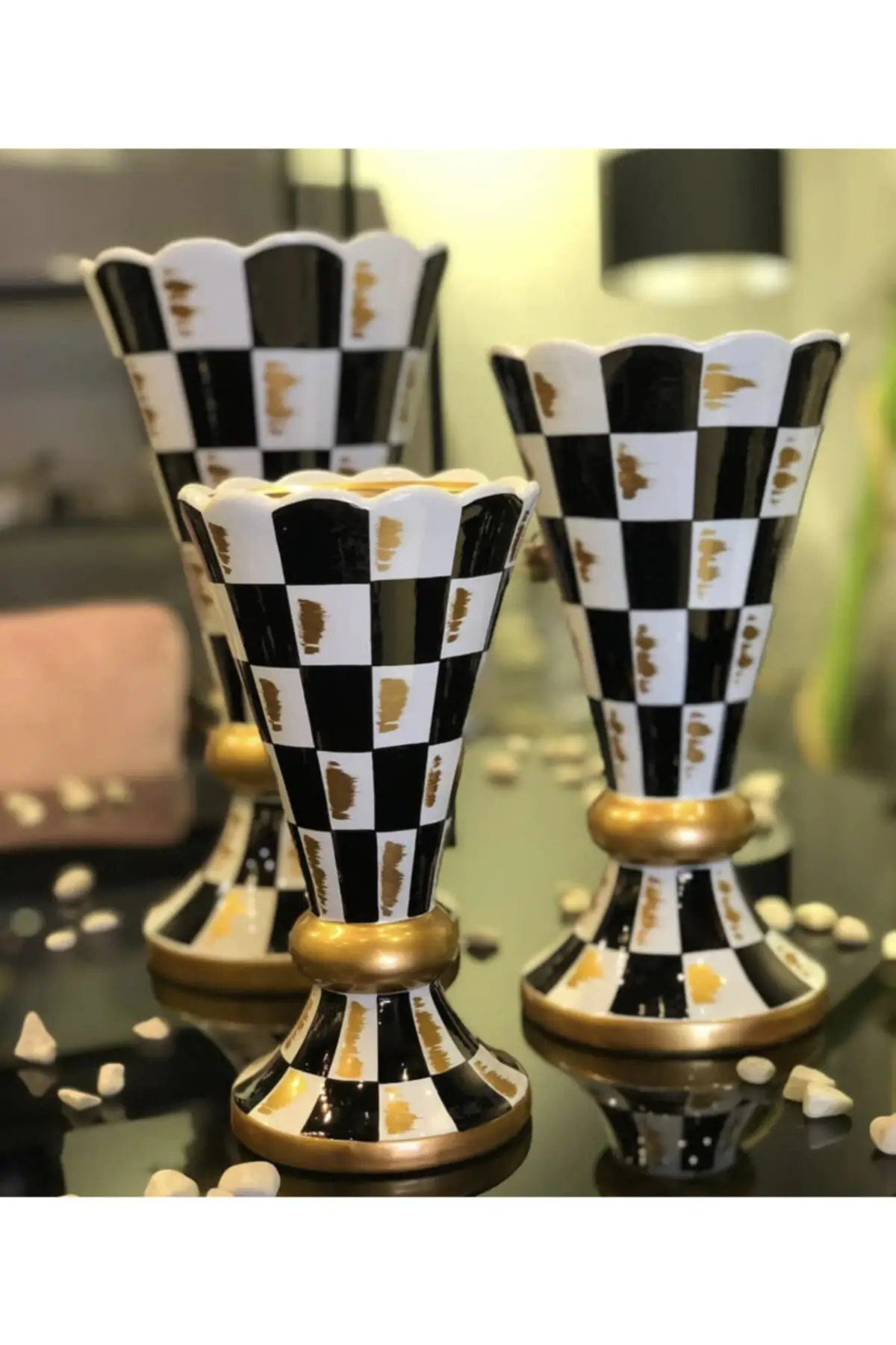 Gold Detailed Checkerboard Vase 3 Sizes