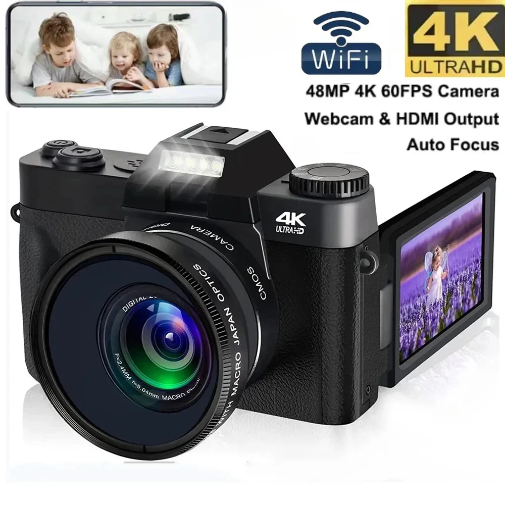 AEVYVKV Compact Digital Photography Camera 4K WIFI Web Camera Vintage Vlog Video Recorder YouTube 48MP Camcorder 3″Flip Screen