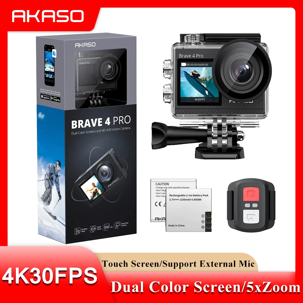 AKASO Action Camera Brave 4 Pro Sports Camera 20MP 131ft Waterproof Camera Dual Screen 5X Zoom Underwater Camera Support Mic
