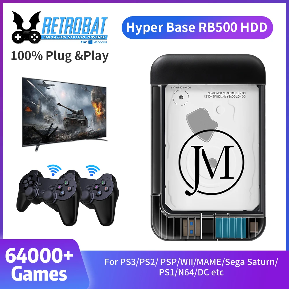 Portable External Game 500G Hard Drive Retrobat System Plug & Play Built in 64000+Games Compatible forPS3/PS2/ PSP/WII/MAME/Sega