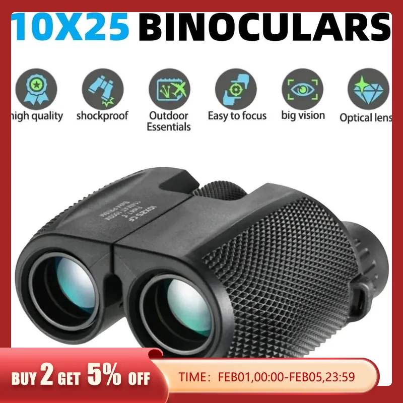 Binoculars 10X25 HD Mini Portable Telescope BAK4 FMC Coated Telescope Outdoor Bird Watching Hunting Travel Camping Ball Game