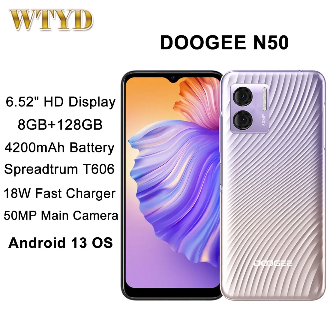DOOGEE N50 Mobile phone 8GB+128GB 6.52″ HD Display 50MP Camera 4200mAh 18W Fast Charge Android 13 Spreadtrum T606 4G Smartphone