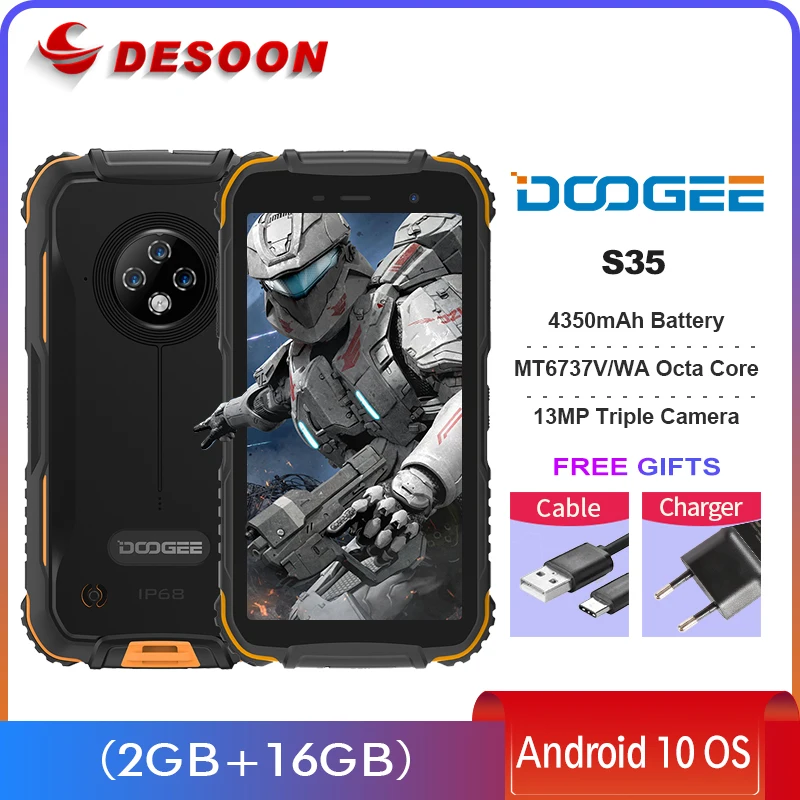 Doogee S35 5.0″ Android 10 Smartphone 2GB+ 16GB MT6737V/WA Octa core 4350mAh IP68 13MP Triple Rear Camera Rugged Mobile Phone