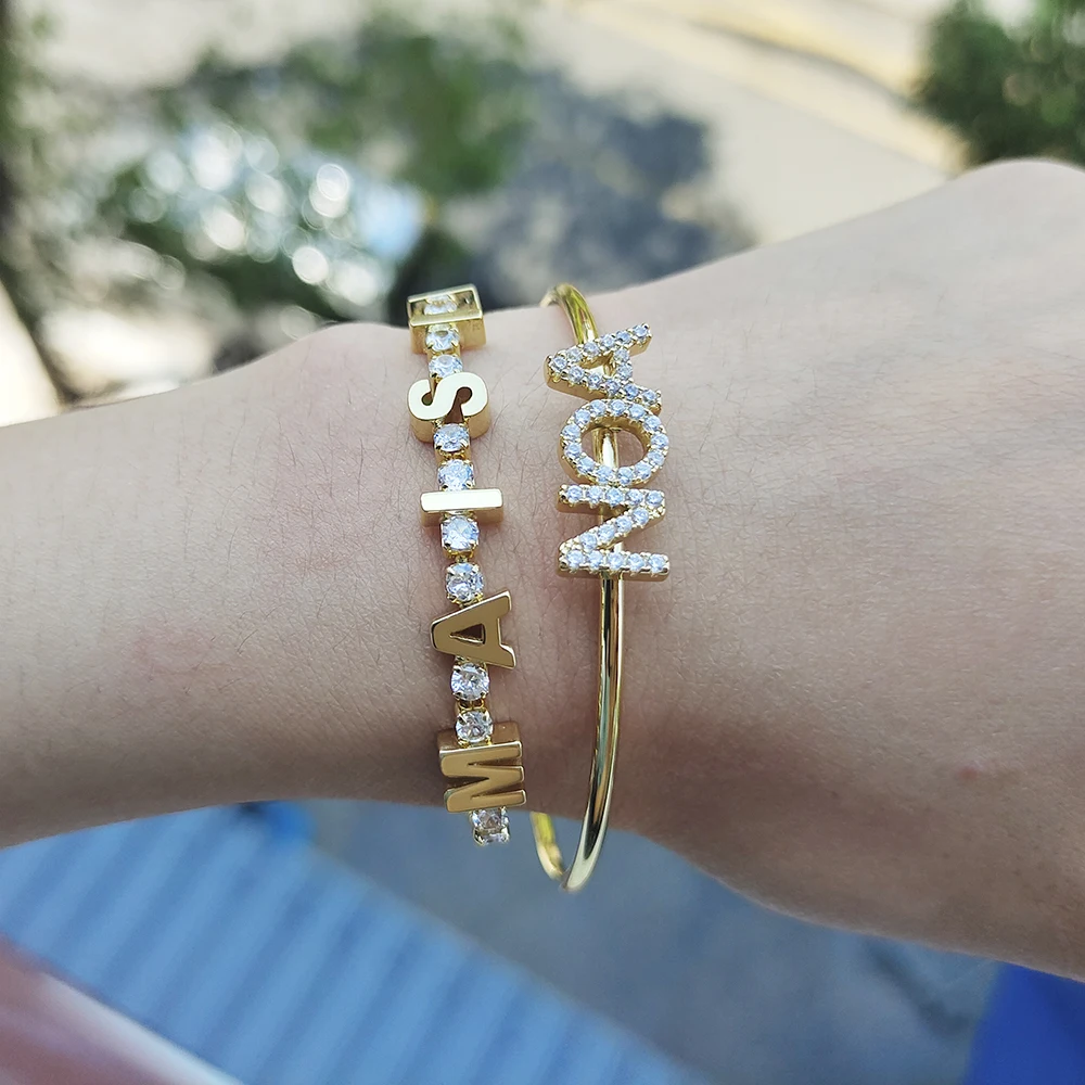 2022 Zircon Name Bangles Personality Custom Name Bracelet Name Words Letters Custom Bracelet & Bangle Women Jewelry Gift