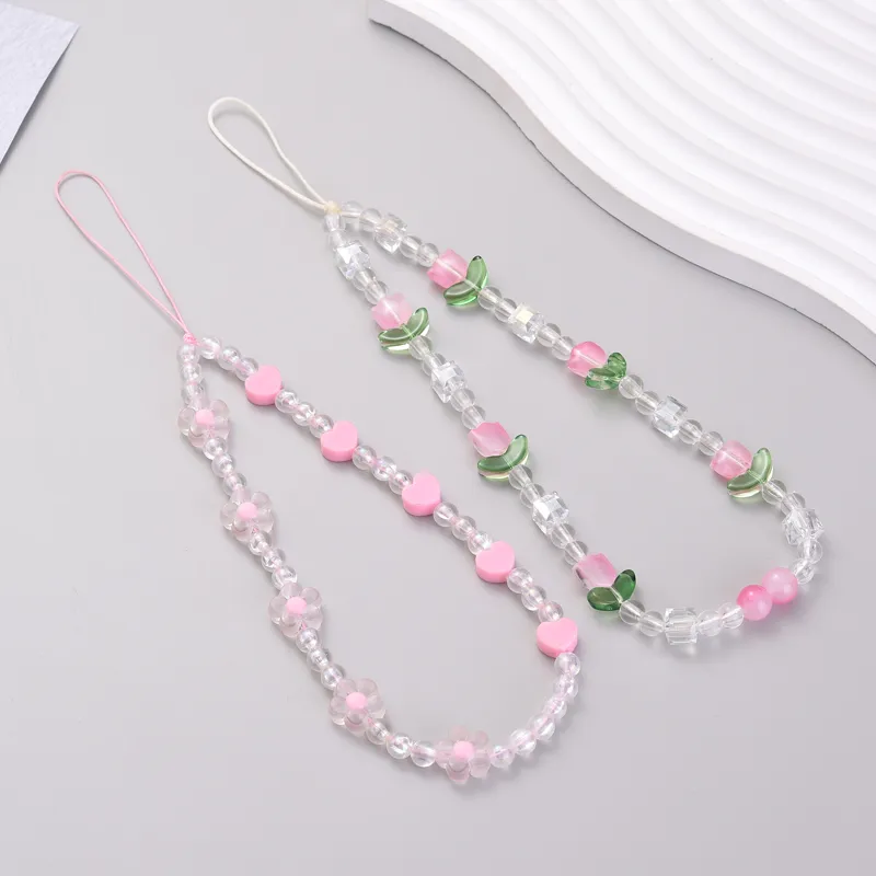 Acrylic Flower Shape Bead Mobile Phone Strap Chain Women Girl Sweet Cellphone Jewelry Accessory For Telephone Lanyard Decoration