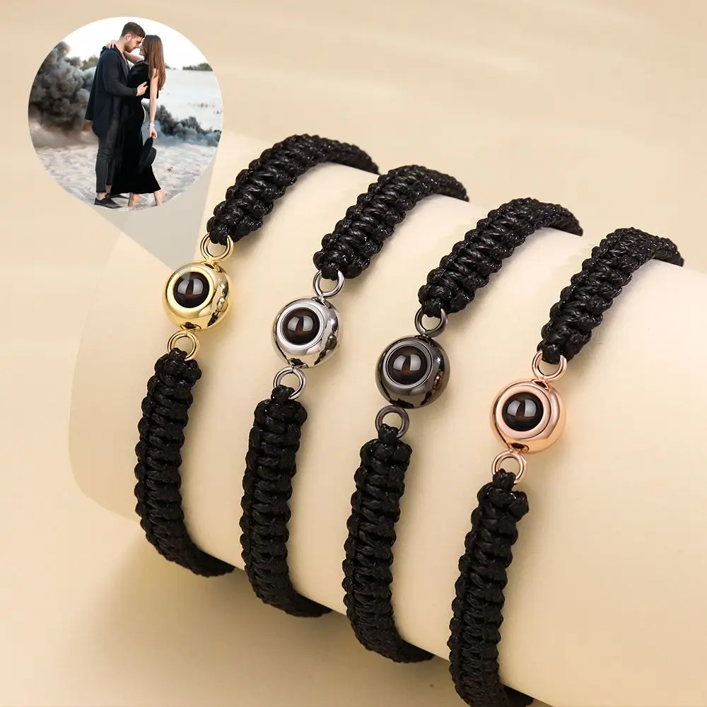 Custom Photo Bracelets Braided Rope Personalized Photo Projection Stainless Steel Bracelet for Women Men Couple Jewelry Gift