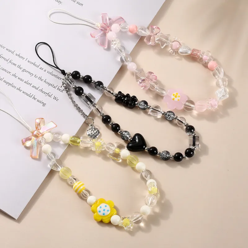 Fashion Cartoon Animal Flower Bow Beaded Mobile Phone Chain Acrylic Cellphone Hanging Cord Sweet Women Girls Phone Strap Lanyard