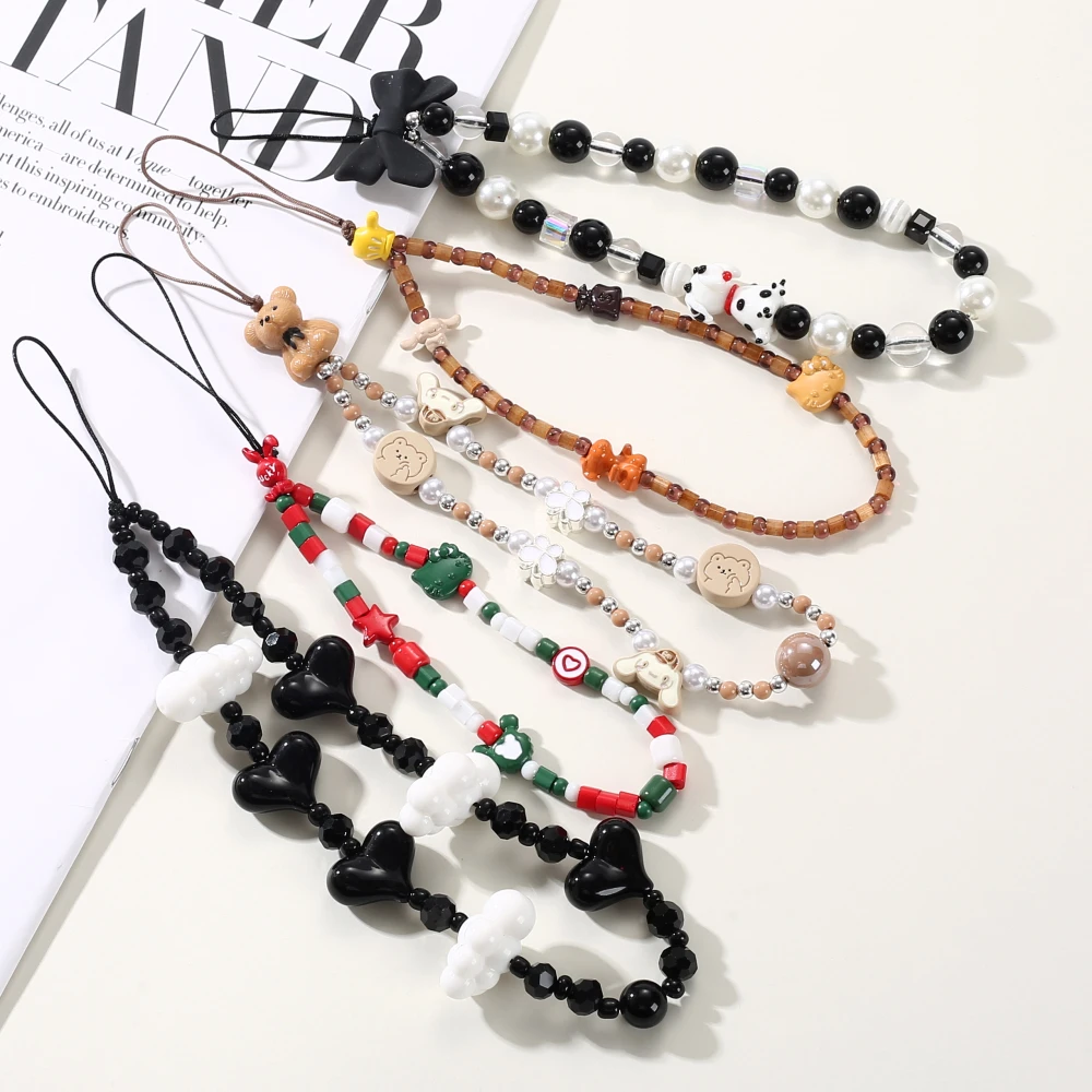Fashion Cute Women Cellphone Hanging Rope Cartoon Animal Heart Clouds Beaded Mobile Phone Chain For Anti-Lost Phone Jewelry