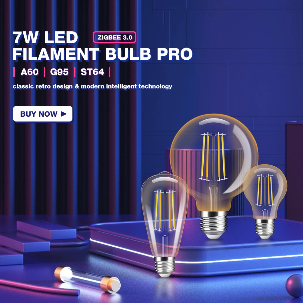 Gledopto Zigbee 3.0 Smart Dimmable ST64/A60/G95 7W Pro Retro Style Filament LED Bulb Light E27 For Indoor Decorative Lighting