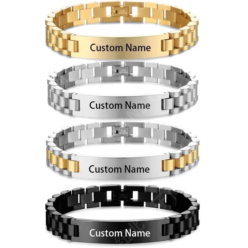 GoldButterfly Engravable Name Bracelet Gold Tone Stainless Steel Mens ID Bracelets Free Engraving Laser Name Date Customize Gift