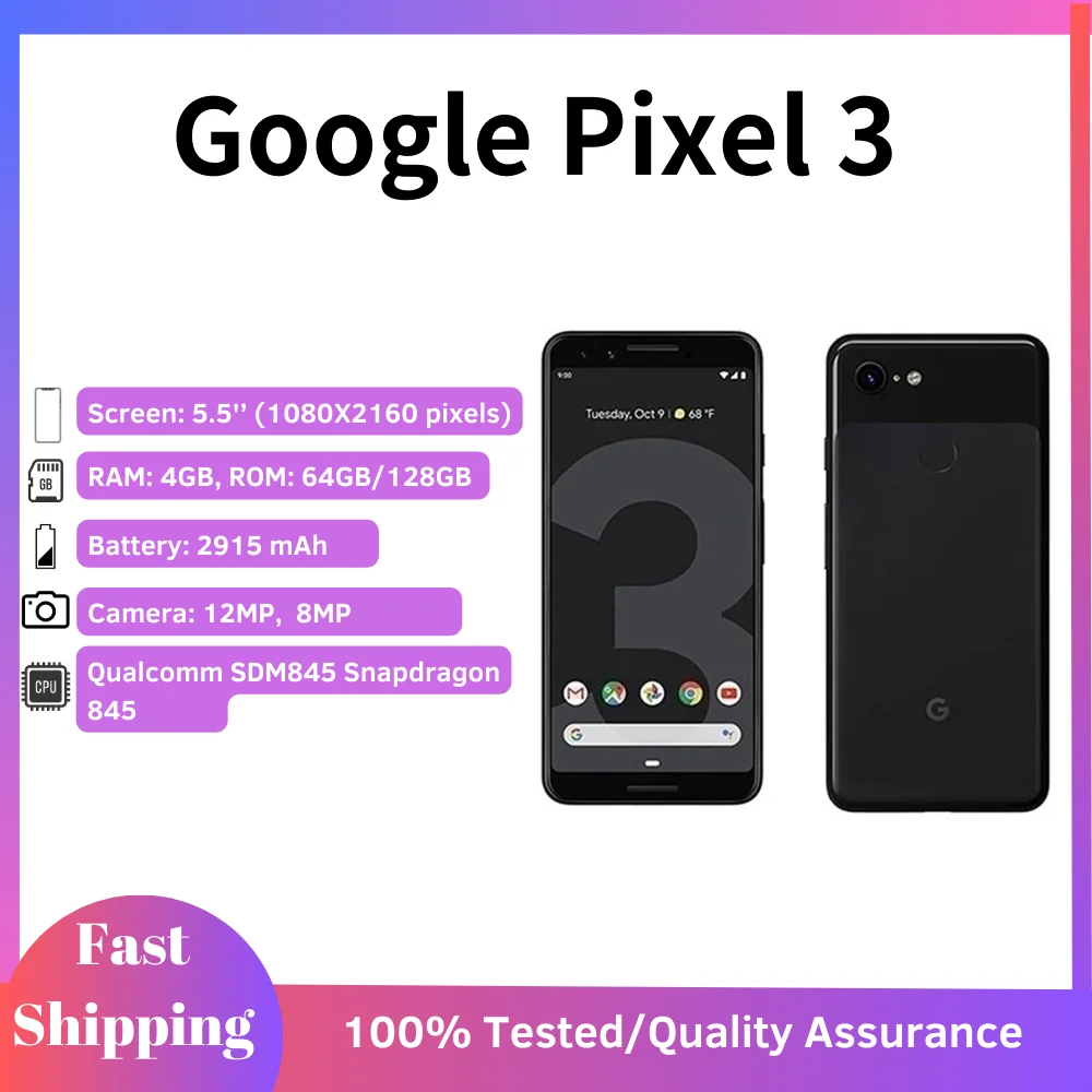 Google Pixel 3 Smartphone Mobile Phone Snapdragon 845 5.5″ Dispaly 12.2MP Camera Octa Core Andorid 9