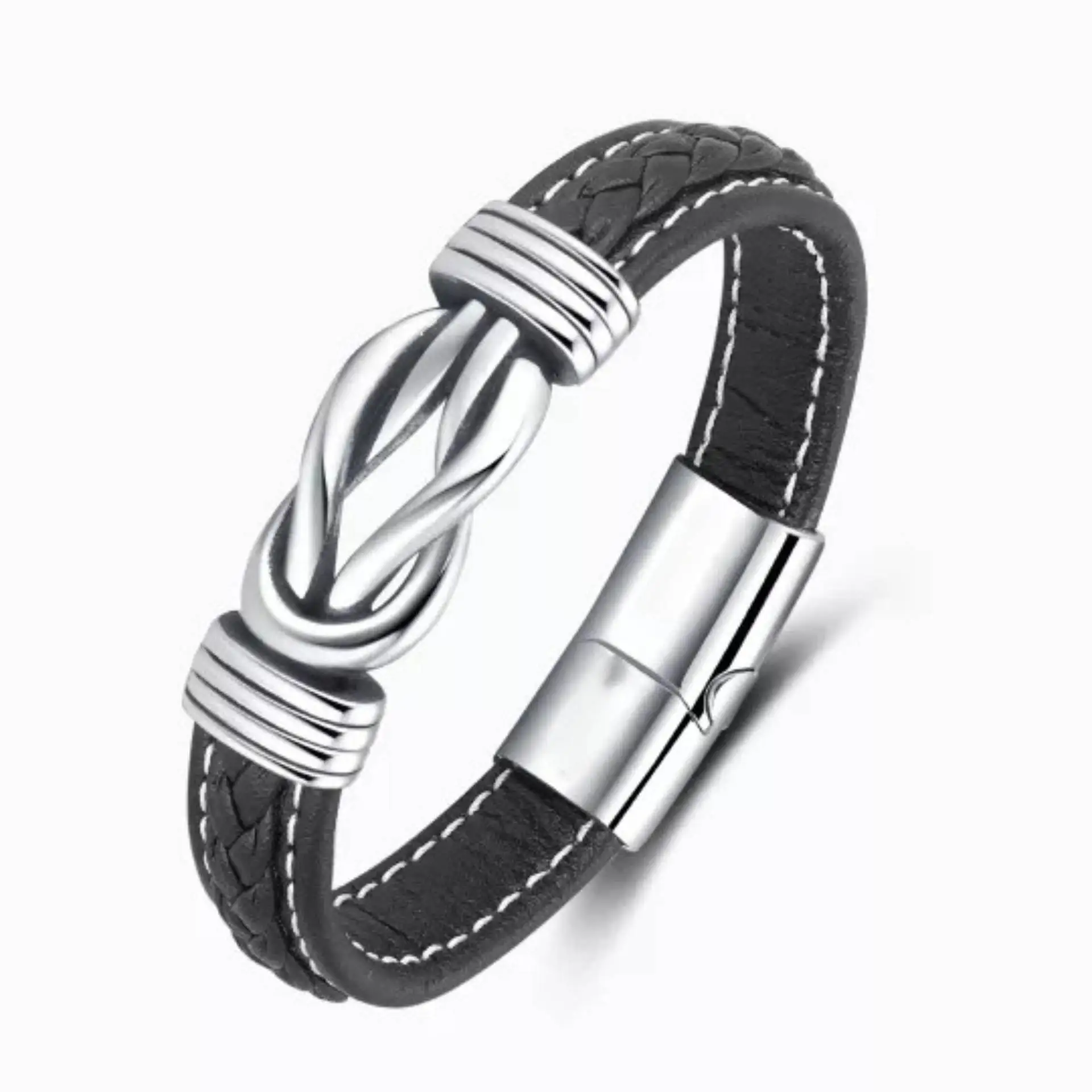 Leather Bracelet for Man Double Twist Stainless Steel Punk Black Bracelets Custom Name Magnet Clasps Bangle Men Fathers Day Gift
