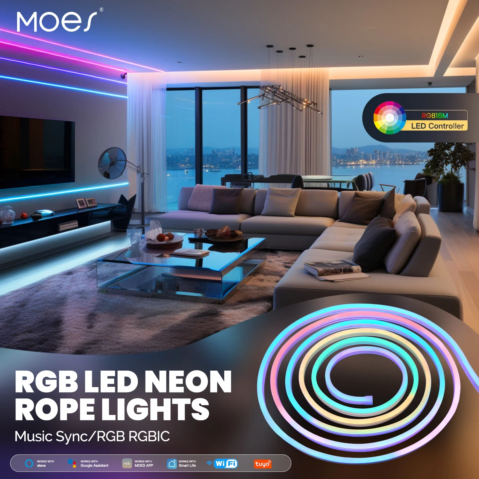 MOES Wifi Smart Neon LED Light Strip 16 Million RGB Color Rope Lamp for TV Backlight, party Decor Work with Alexa Google Home
