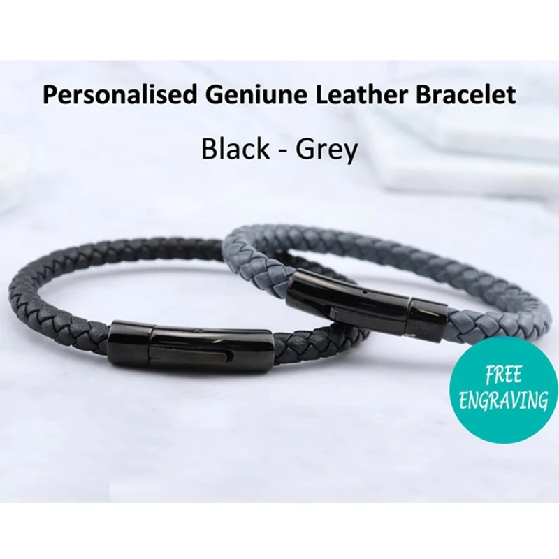 Personalized Custom Engrave Word Stainless Steel Genuine Leather Black Grey Bracelet Braided Rope Magnet Clasp Valentines Bangle