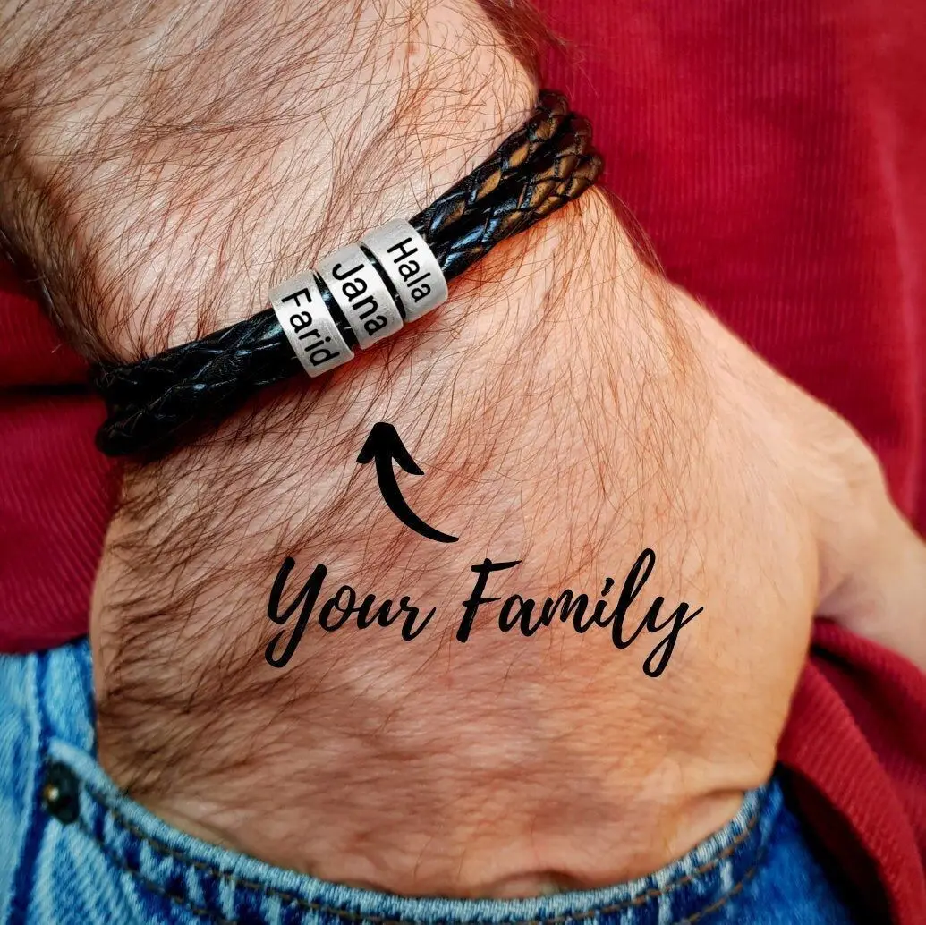 Personalized Men Braided Genuine Leather Bracelet Stainless Steel Custom Beads Name Charm Bracelet for Men Husband Gift with Box