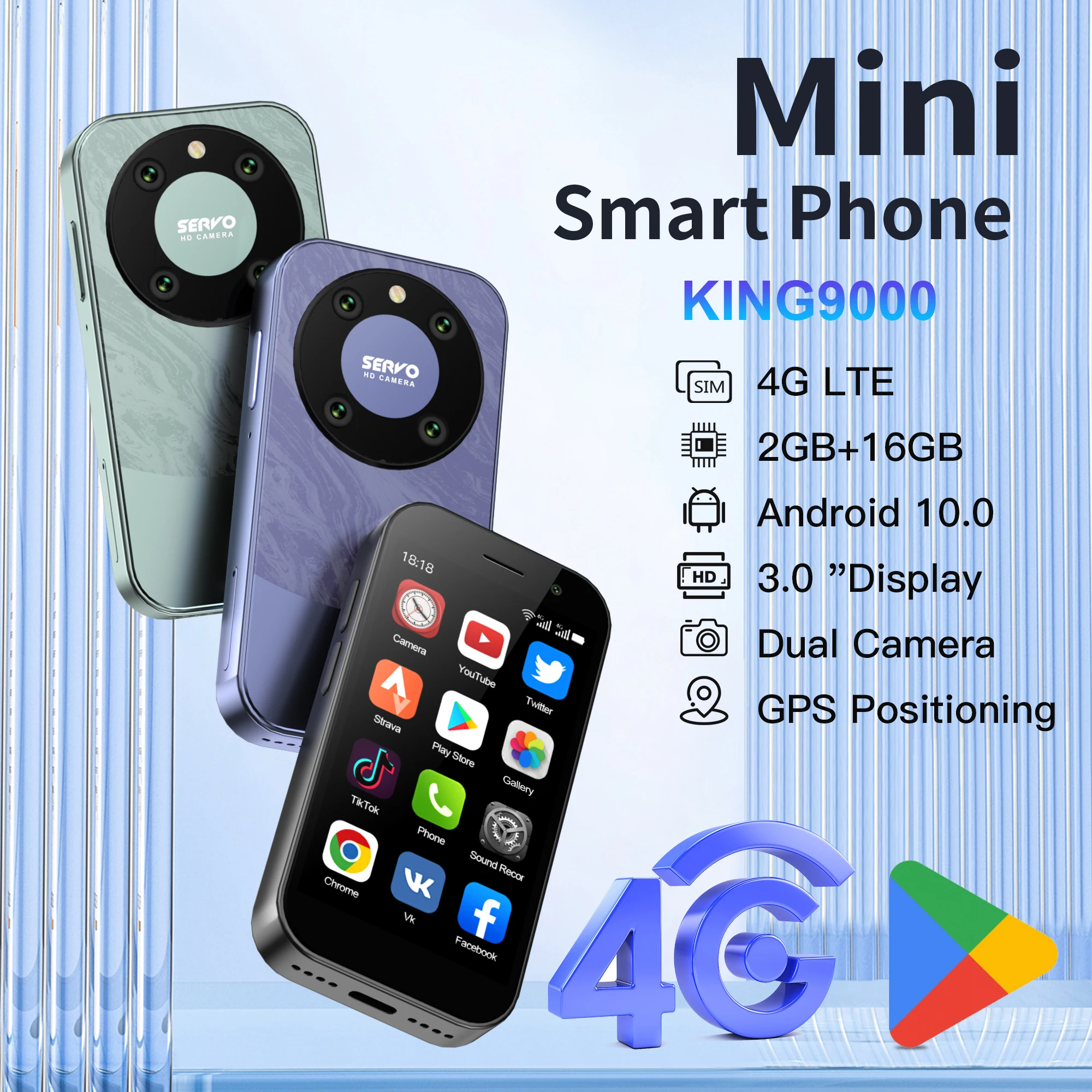 SERVO KING 9000 3.0″ HD Display Small Smartphone Android 10.0 Network 4G LTE 2GB+16GB 2000mAh Face Recognition Mini Mobile Phone