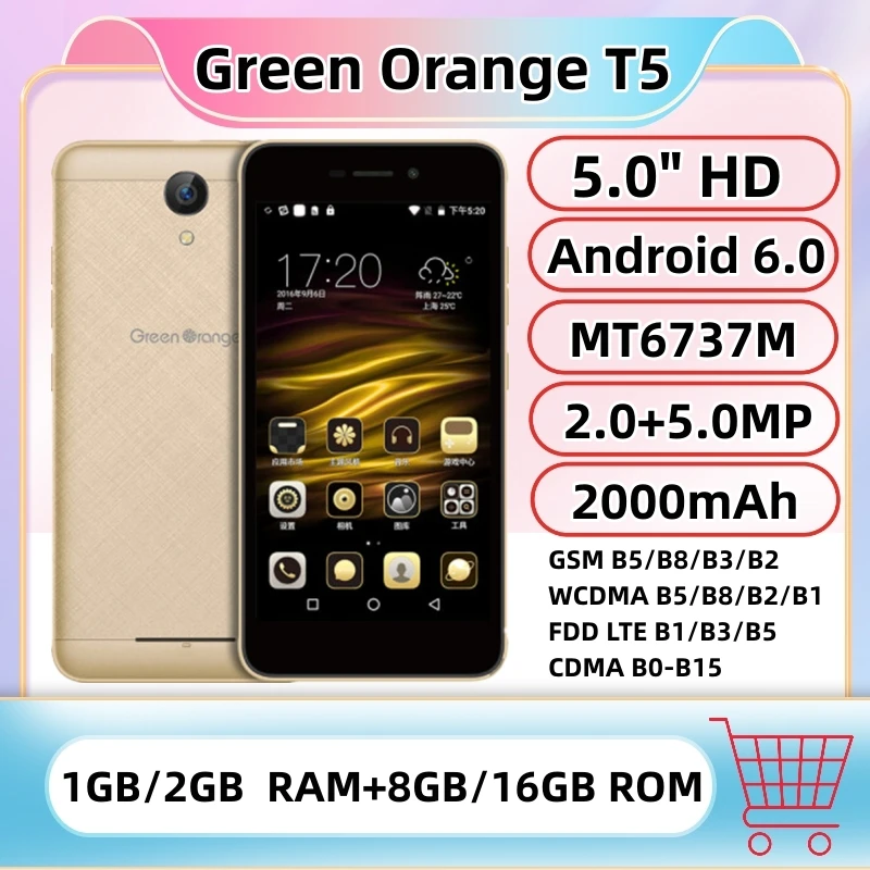 T5 5.0 Inch 4G LTE Smartphone 1GB/2GB RAM 8GB/16GB ROM MTK6737M Quad Core CellPhone Android 6.0 5.0MP 2000mAh WIFI Mobile Phone