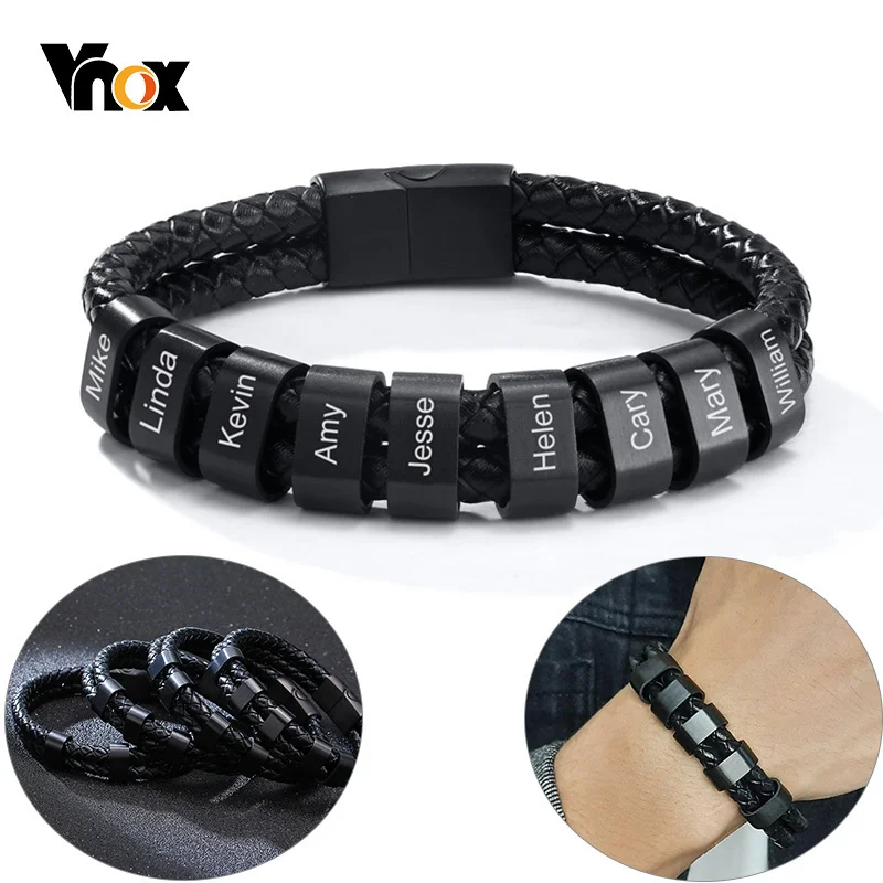 Vnox Personalized Men’s Black Plaited Leather Bracelets Free Custom Made with Charm Beads Family Names Inspirational Jewelry
