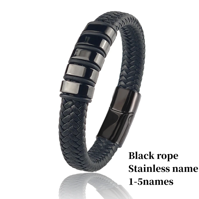 WGPTBDL Custom Family Name Bracelets For Men’s Stainless Steel Leather Bead Charm Personalized Bracelet Couple Father’s Day Gift