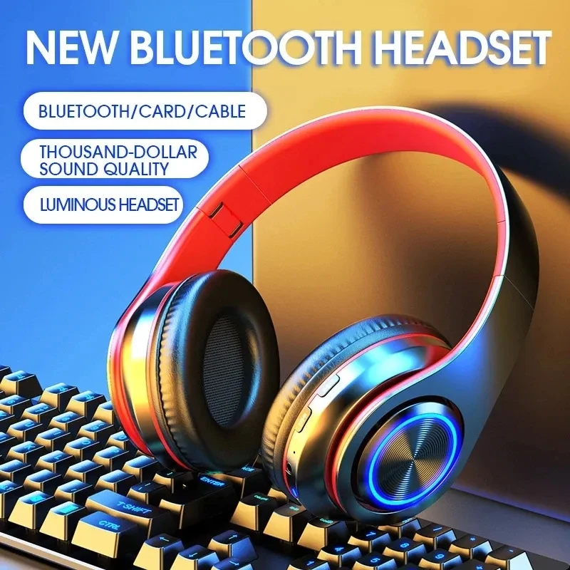Wireless Bluetooth Headphones Colorful Lights Pluggable Card Music Games Electronic Sports Headphones Subwoofer Stereo