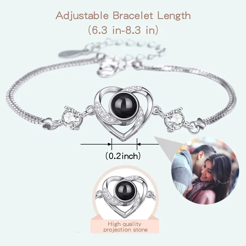 s925 Personalized Projection Photo Bracelet-Heart Pendant Bracelet-Projection -Memorial Custom Image Jewelry Women Family  Gift