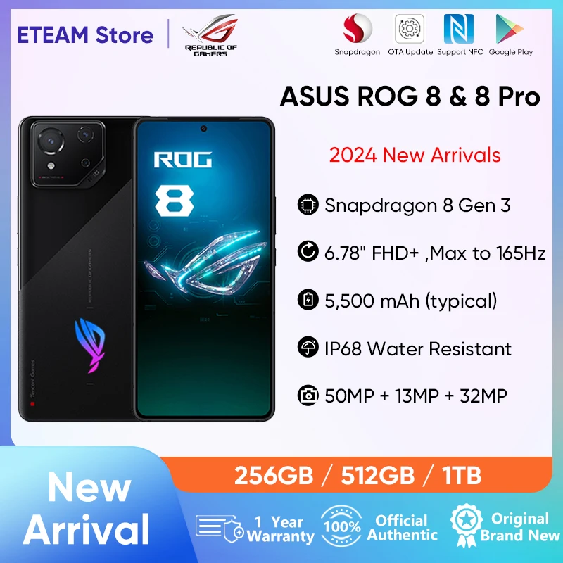 2024 New Arrival ASUS ROG 8 & 8 pro 5G Gaming Phone Snapdragon 8 Gen 3 6.78” 165Hz AMOLED Screen 5500mAh 65W Fast Charge