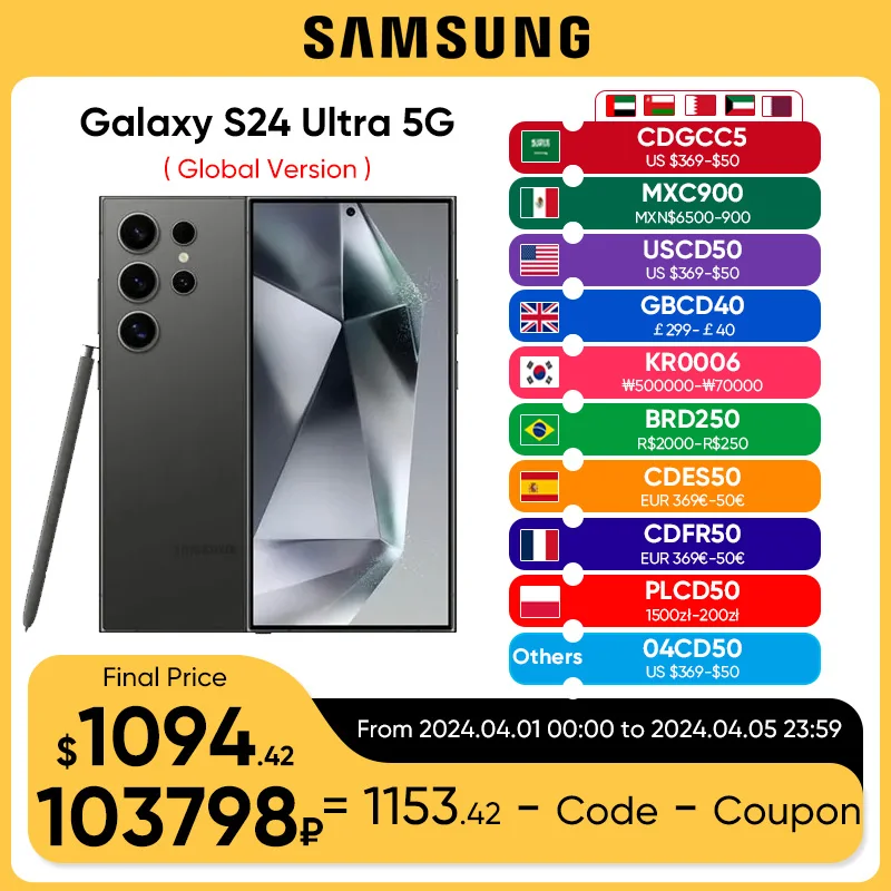 2024 New Samsung Galaxy S24 Ultra 5G Smartphone 256GB/512GB Snapdragon 8 Gen 3 120Hz LTPO AMOLED Display 200MP Quad Cameras IP68