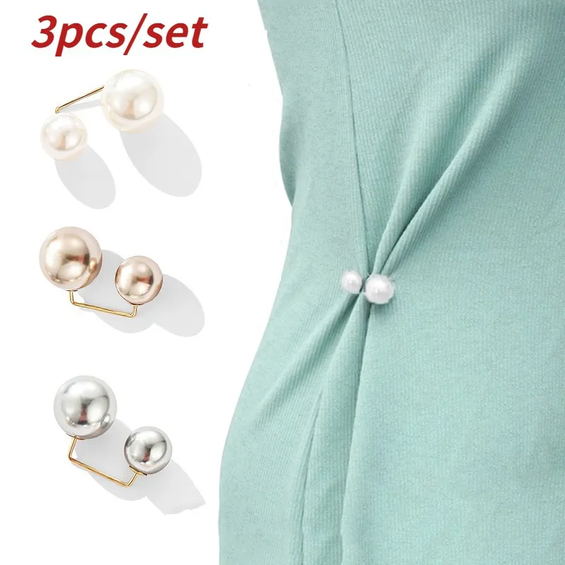 3Pcs/set Women Fashion Tightening Waistband Pin Double Pearl Brooches Metal Lapel Pin Brooch Pins Sweater Shirt Cardigan Brooch