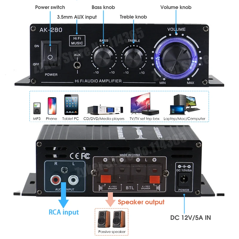 AK280 12V Mini Power Amplifier for Car Digital Sound Amplifiers for Home Car 2.0 Channel HIFI Audio AMP FM Bass Treble Amplify