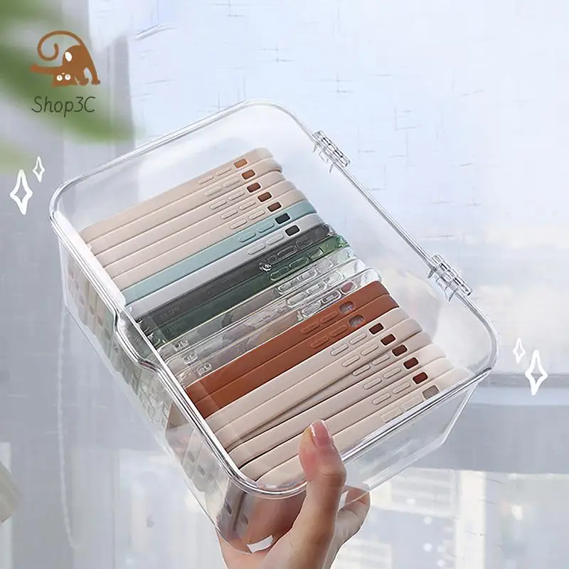 Acrylic Sundries Storage Basket Phone Case Holder Ins Transparent Phone Case Organizer Storage Box with Cover Home Desktop