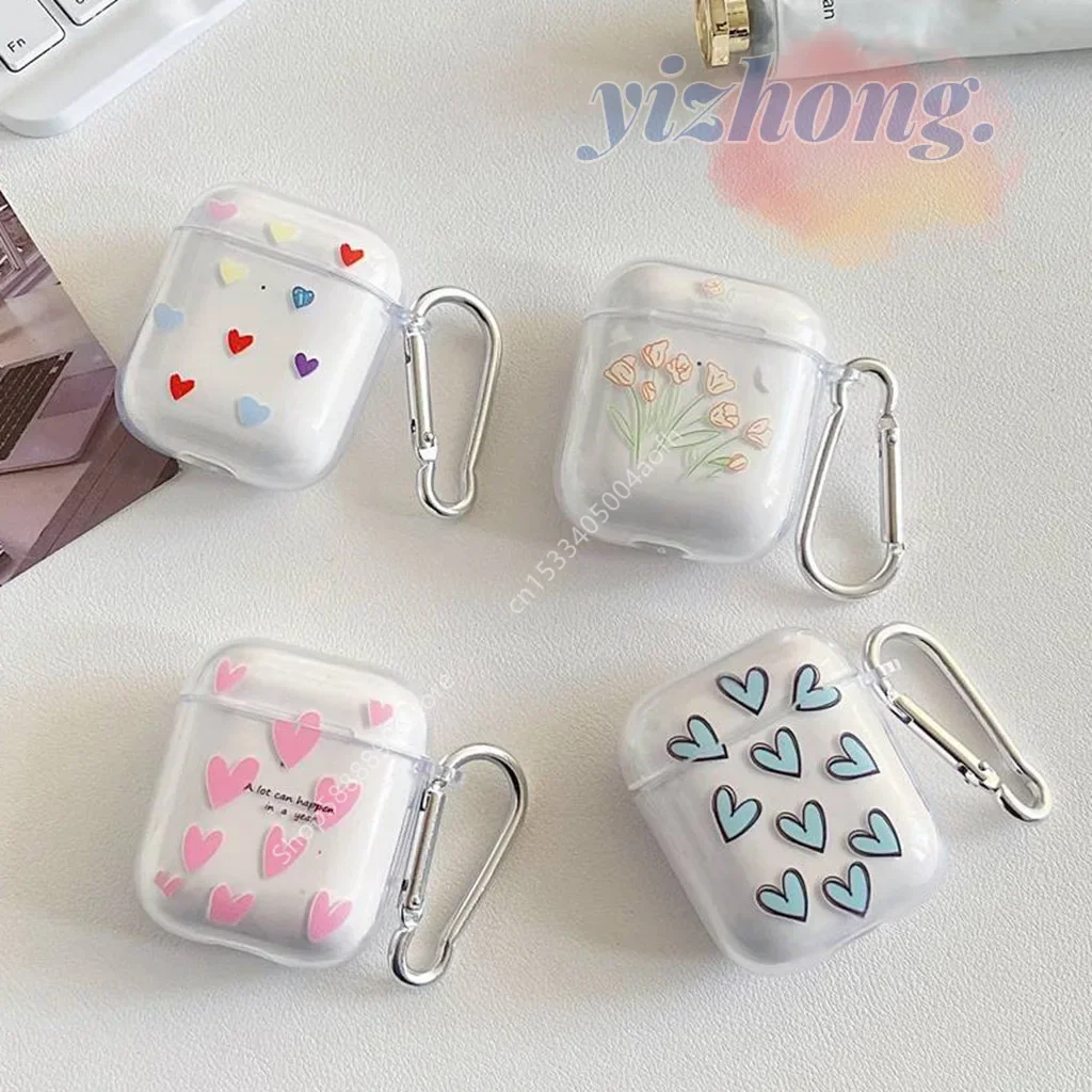 Airpods Case For Airpods Pro 2 3 1 Green Pink Hearts Flowers Simple Earphone Cover Soft TPU Shockproof Protective Case