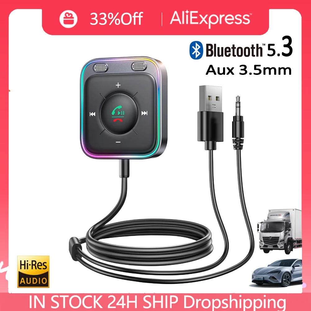 Car Audio Bluetooth 5.3 Receiver Wireless Music Stereo Adapter 3.5mm Aux MP3 Player HiFi Enhanced With Dual Mic for Car Truck