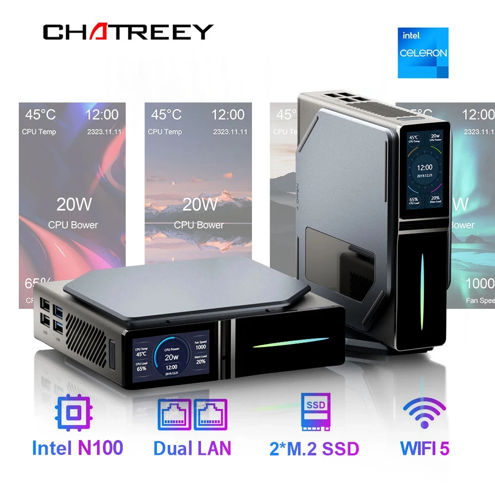 Chatreey S1 Mini PC Intel Alder Lake  N100 Windows 11 Ultra Small Pocket Computer Dual SSD 2xHDMI 2.0 4K 60Hz RGB