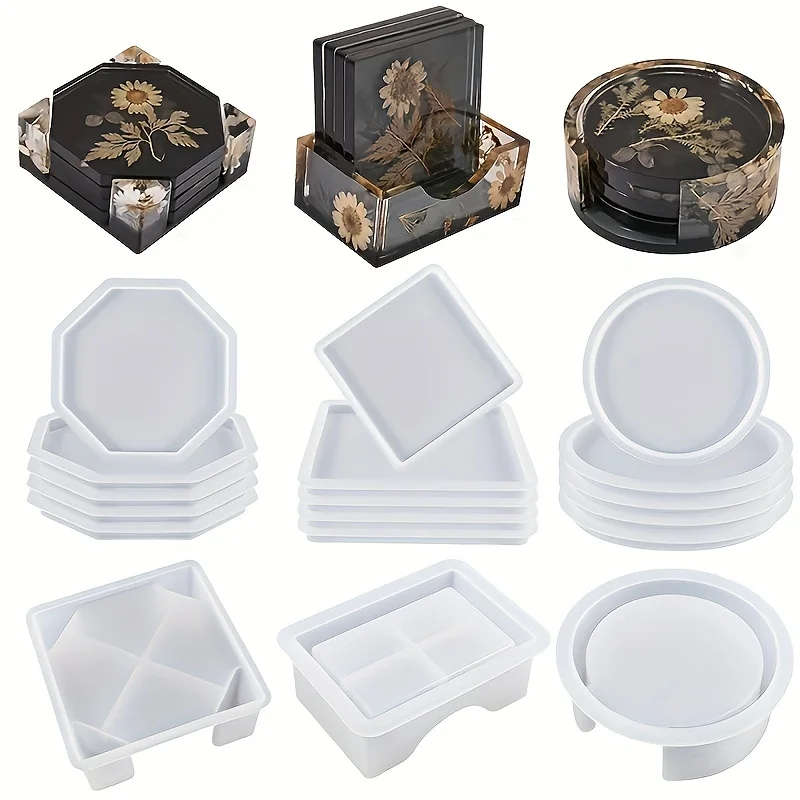 Coaster Resin Molds Set Include 1pc Coaster Storage Box Mold, 4Pcs Silicone Resin Coaster Mold for Epoxy Resin, Cup Mats, DIY Ar