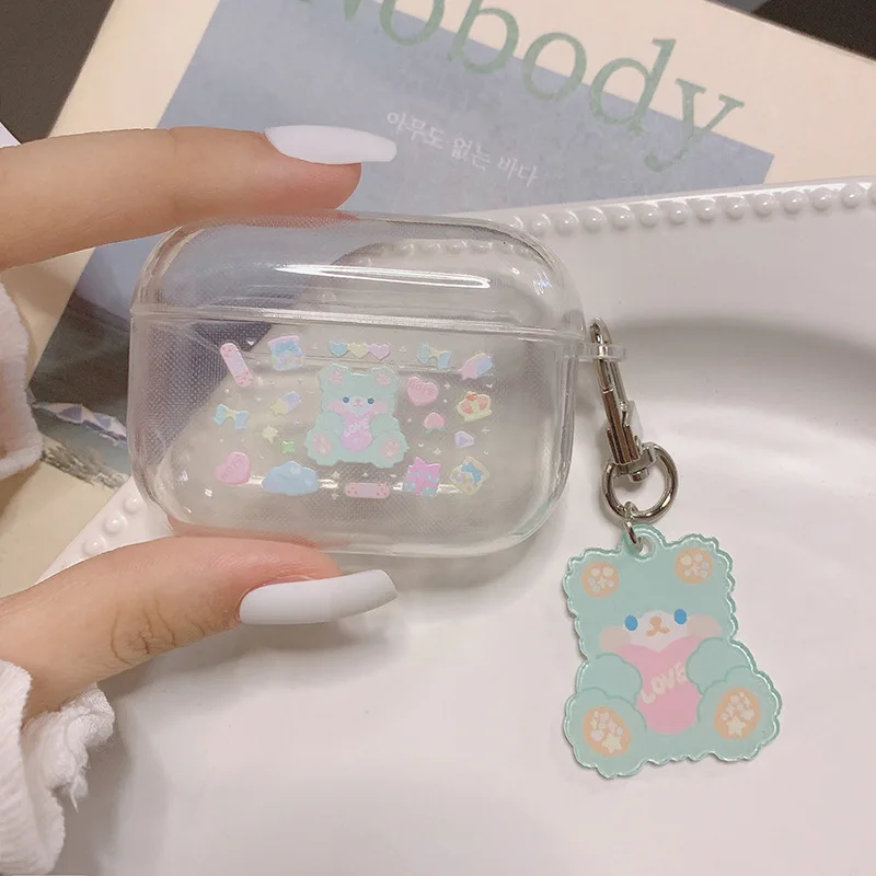 Cute Style Little Green Bear Case For Apple Airpods Pro 2 3 Case Cover For Airpods Pro Clear case silicone keychain headphone