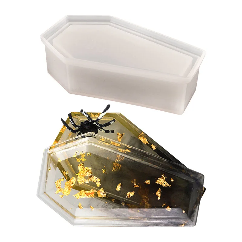 DM699 Coffin Storage Box Silicone Mold Epoxy Halloween Theme Casket Decorative Casting 3D DIY Candy Doll Portagioie