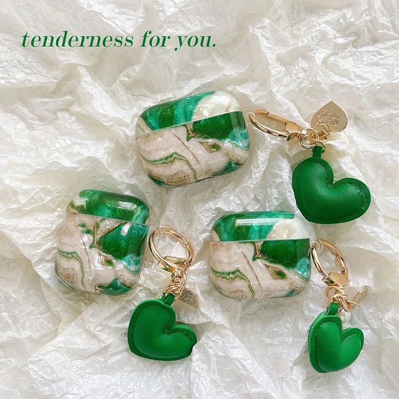 For apple AirPods 3 Case Luxury Green Emerald TPU Earphones Cases For AirPods 1 2 3 Pro Headset Box Cover Dreamy Green keychain