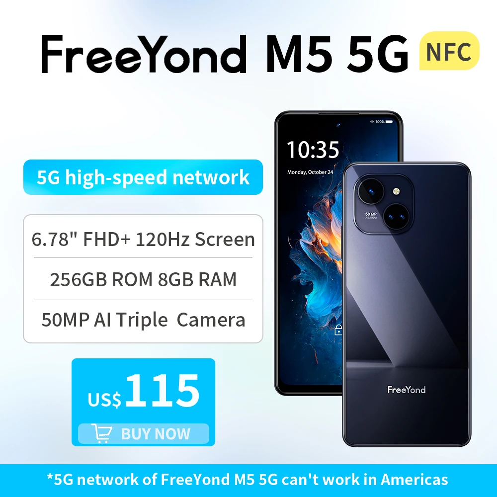 FreeYond M5 5G 6.78″ FHD+ 120Hz Screen Dimensity 6020 50MP 256GB ROM 16GB RAM (8GB Extended RAM)  NFC Android 13 Triple Slots