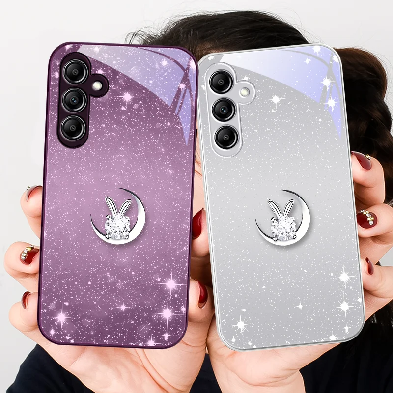 Glass phone case for Samsung Galaxy A01 A02 A03 Core A04 A14 4G 13 54 34 31 20 25 23 22 5G S21 Ultra S20 Crescent Rabbit Purple