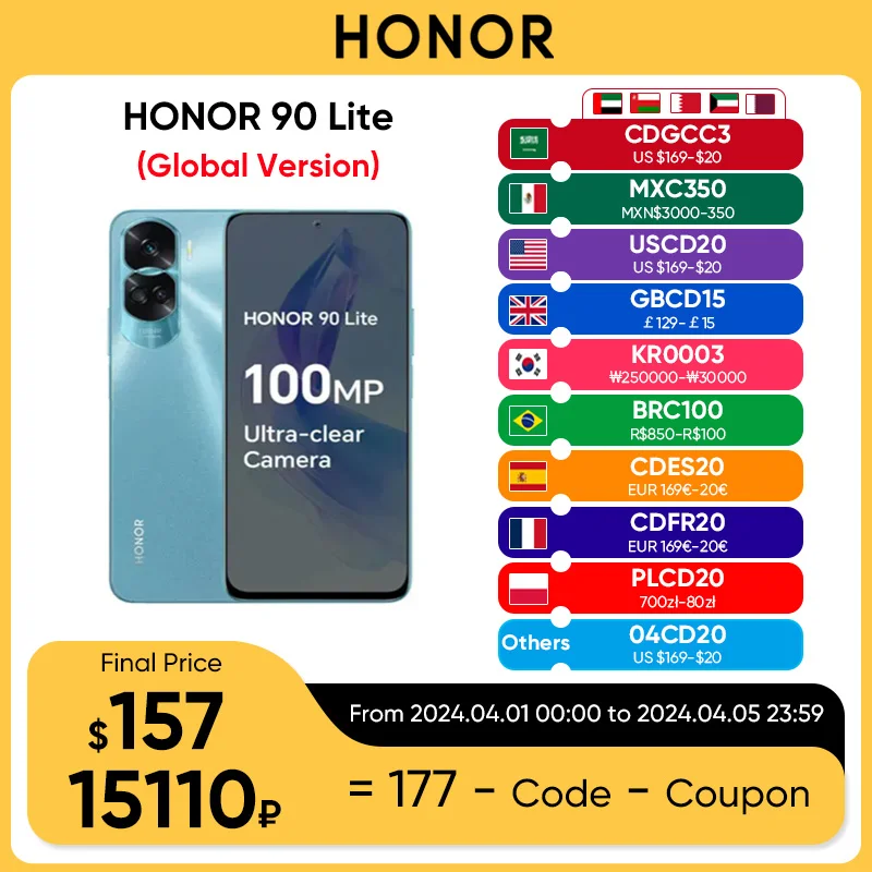 Global Version HONOR 90 lite 5G with 100MP Triple Camera 8GB RAM+256GB ROM 6.7” 90Hz Display 4500mAh Battery Dual SIM Android 13