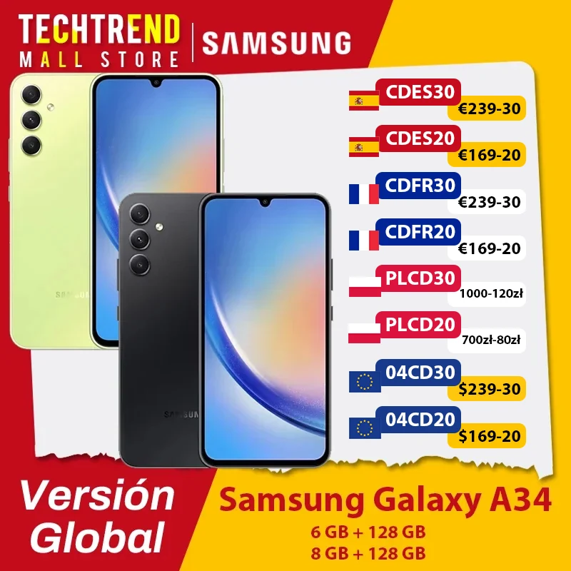 Global Version Samsung Galaxy A34 5G Smartphone Android 13 Octa-core 120Hz Super AMOLED 5000mAh 25W Fast Charge Mobile Phone