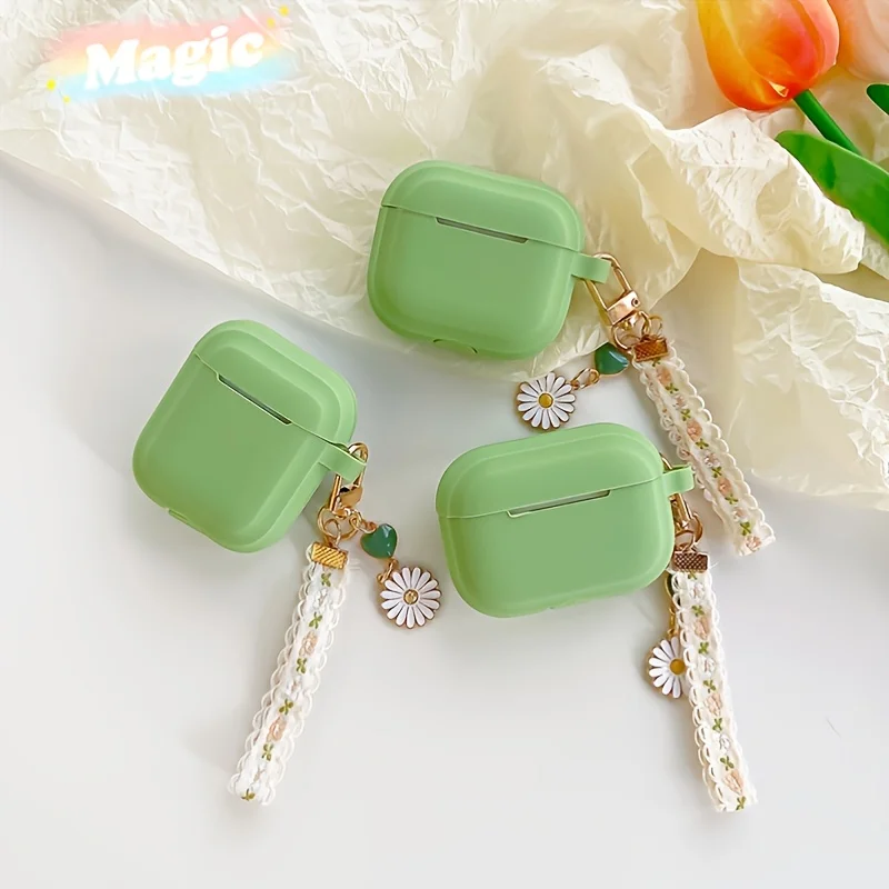 INS Cute Lace Daisy keychain Pendant for AirPods 1 2 Pro Earphones Case Avocado Green Silicone Headset Cover For Apple Airpods