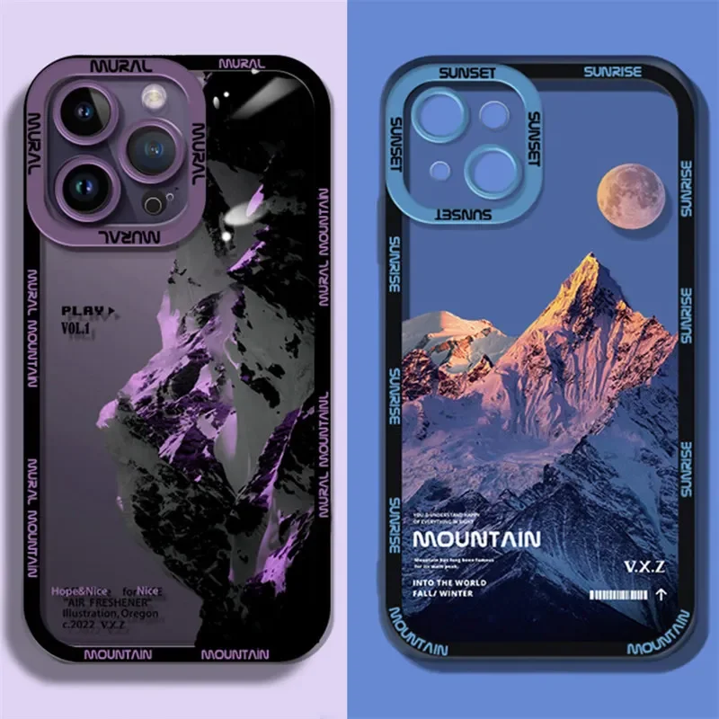 INS Purple Blue Sunset Snow Mountain Phone Case For iPhone 14 15 13 12 11Pro Max XR X XS Natural Scenery Shockproof Bumper Cover