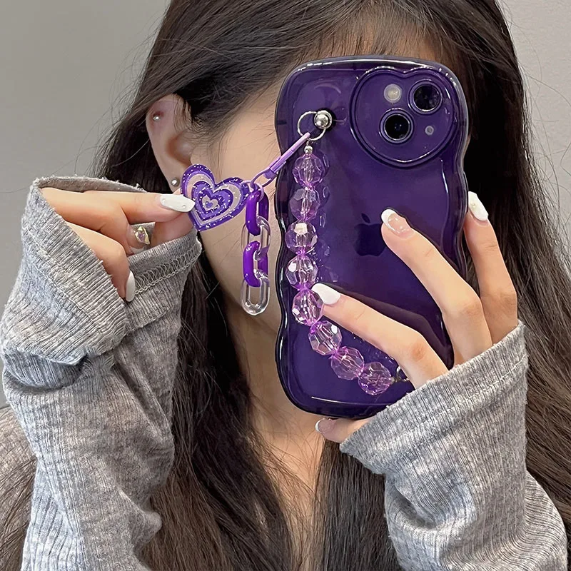 Japan Korea Simple Purple Bead Bracelet  Love Heart Pendant Soft Phone Case For IPhone 14 12 11 13 Pro XR X XS Max Back Cover