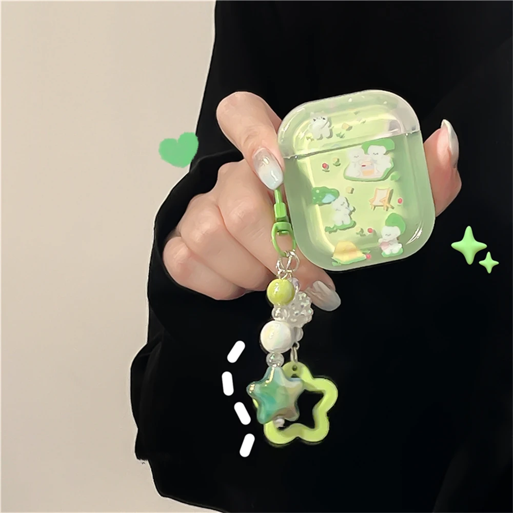 Korean Cute Green Lawn Dog Pattern Headphone Case For AirPods Pro 2 With Star Beaded Pendant Soft Case For AirPods 1 2 3 Cover