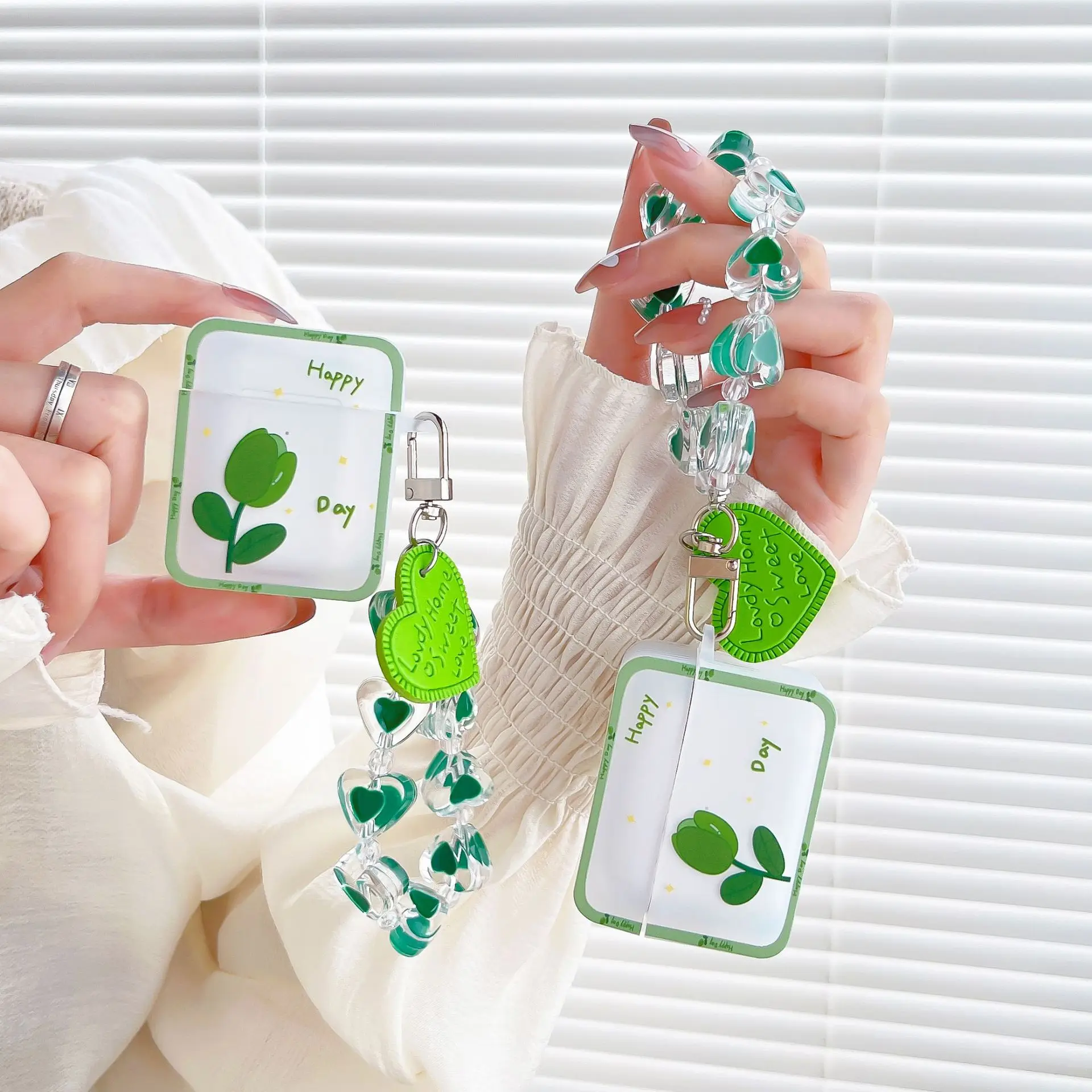 Korean Flower Green Tulip Earphone Case for AirPods 1/2/3 Heart Bracelet Cover for Air Pods Pro Soft Silicone Matte Case Keyring