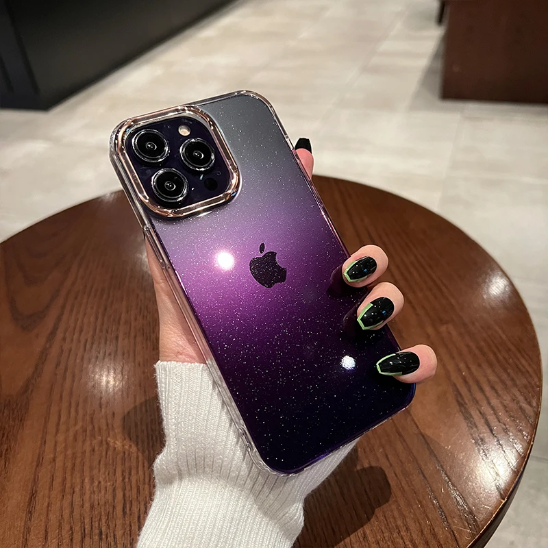 Luxury Gradient Glitter Bing Purple Phone Case For iPhone 11 12 13 14 15 Pro Max XR X XS Plus Transparent Soft Shockproof Cover