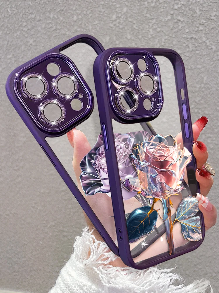 Luxury Purple Pink Rose Transparent Phone Case For Iphone 14 11 12 13 15 Pro MAX Plus Glitter Camer Lens Protect Acrylic Cover